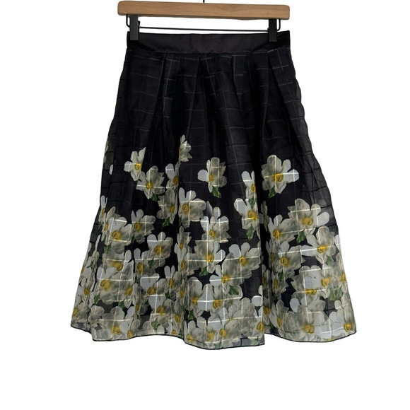Floral Pleated Skirt Daisy Print Black High Waist Size S - Picture 1 of 7